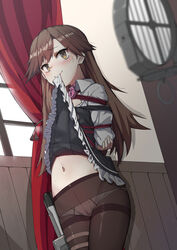  absurdres arashio_(kancolle) arms_behind_back black_dress blurry blush bondage bondage brown_eyes brown_hair clothes_in_mouth clothes_lift collared_dress crotch_seam curtains depth_of_field dress dress_in_mouth dress_lift dutch_angle female heart_lock_(kantai_collection) highres indoors kantai_collection lifting_own_clothes lock long_hair midriff mouth_hold navel padlock panties panties_under_pantyhose pantyhose pinafore_dress red_rope rope shibari_over_clothes sleeveless sleeveless_dress solo standing sweatdrop tassel thighband_pantyhose torpedo underwear window wing_collar wulazula 