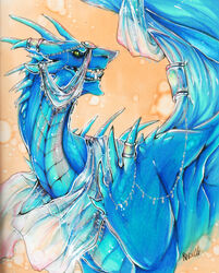  2015 blue_body blue_skin blue_tongue dragon feral flight_rising green_eyes hi_res membrane_(anatomy) membranous_wings mythological_creature mythological_scalie mythology open_mouth ravoilie ridgeback_dragon scalie simple_background solo teeth tongue traditional_media_(artwork) wings 