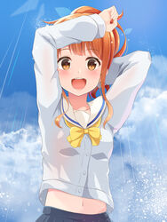  aibumi arms_up bad_id bad_pixiv_id blue_skirt blush bow bowtie brown_hair collarbone commentary_request eromanga_sensei female jinno_megumi looking_at_viewer navel open_mouth orange_eyes rain sidelocks skirt smile solo teeth tied_hair yellow_bow yellow_bowtie 