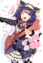  ;3 ;d animal_ears bad_id bad_pixiv_id bell blue_hair bow cat_ears cat_girl cat_tail copyright_name curly_hair cyan_(show_by_rock!!) dress fangs female frilled_dress frills green_eyes guitar headband heart_guitar instrument nekoma_tamaki one_eye_closed open_mouth pantyhose ribbon short_hair show_by_rock!! smile solo strawberry_heart_(show_by_rock!!) striped_clothes striped_pantyhose tail 