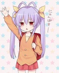  antenna_hair arm_up backpack bad_id bad_pixiv_id bag blush female hair_ribbon light_purple_hair long_hair miyauchi_renge non_non_biyori nyanpassu~ orange_shirt randoseru red_eyes ribbon shirt skirt solo translated triangle_mouth tsukikage_nemu twintails waving 