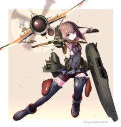  aiming aircraft airplane ankle_boots b7a_ryuusei boots brown_eyes brown_hair commentary_request crossbow fairy_(kancolle) female grey_footwear headband headgear highres holding holding_crossbow holding_magazine_(weapon) holding_weapon kantai_collection machinery magazine_(weapon) panikuru_yuuto repeating_crossbow ryuusei_(kancolle) short_hair solo taihou_(kancolle) thighhighs uniform weapon zettai_ryouiki 