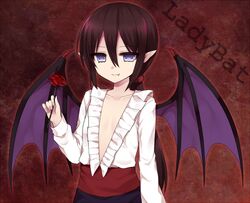  bad_id bad_pixiv_id bat_wings brown_hair collarbone female flower genderswap_(mtf) lady_bat long_hair mermaid_melody_pichi_pichi_pitch oerba_yun_fang plunging_neckline pointy_ears ponytail purple_eyes purple_wings rose rule_63 sidelocks tsukikage_nemu v-neck wings 