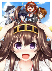  5girls :d ahoge akatsuki_(kancolle) bare_shoulders black_hair blue_eyes brown_eyes brown_hair chibi commentary_request detached_sleeves fujimoto_akio grey_hair hairband hat hibiki_(kancolle) ikazuchi_(kancolle) inazuma_(kancolle) japanese_clothes kantai_collection kongou_(kancolle) long_hair multiple_girls oerba_yun_fang on_head open_mouth person_on_head photoshop_(medium) school_uniform serafuku short_hair smile triangle_mouth 