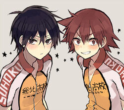  2boys aizawa_mota bad_id bad_pixiv_id clothes_writing commentary_request cycling_uniform grin imaizumi_shunsuke male_focus multiple_boys naruko_shoukichi simple_background smile star_(symbol) upper_body yowamushi_pedal 