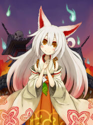  animal_ears bare_shoulders blush commentary_request eyeliner female fire fox_ears fox_mask gradient_hair hair_bobbles hair_ornament hakama hakama_skirt highres hitodama japanese_clothes leaf long_hair looking_at_viewer makeup mask multicolored_hair ofuda orange_hakama original own_hands_together palms_together pink_hair ponytail rope senhappyaku short_ponytail skirt skull smile white_hair 