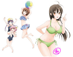  4girls armpits arms_up ball beachball bikini black_hair blue_bikini blue_eyes brown_hair commentary_request danchigai frilled_bikini frills green_bikini hair_ribbon long_hair multiple_girls nakano_mutsuki nakano_satsuki nakano_uzuki nakano_yayoi orange_eyes pink_hair purple_hair ribbon school_swimsuit short_hair siblings swim_cap swimsuit twintails yoneda_kazusa 