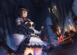  altar armor bat_(animal) black_dress black_hair blunt_bangs breasts candle chains chinese_commentary cleavage commentary_request dress female fire gauntlets indoors looking_to_the_side night official_art purple_eyes red_eyes shadowverse sheath sheathed short_hair solo standing sumeragi_erika_(shadowverse) sword weapon zimajiang 