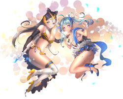  2girls ass bikini_top breasts cleavage elbow_gloves nal_(nal&#039;s_pudding) original skirt thighhighs 