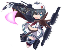  black_hair blue_eyes cannon cape commentary_request crossbone_gundam crossbone_gundam_x-1 eyepatch female gloves gundam hat kantai_collection kiso_(kancolle) kiso_kai_ni_(kancolle) md5_mismatch midriff open_mouth sailor_collar school_uniform short_hair skirt solo sword weapon yukimi_unagi 