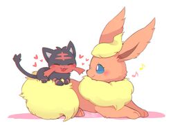  :3 ^_^ chinese_commentary closed_eyes closed_mouth commentary_request eighth_note flareon heart highres litten lovewolf5122 musical_note no_humans pokemon pokemon_(creature) smile 