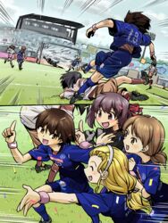  4girls ball black_gloves black_legwear black_shirt blonde_hair blue_legwear blue_shirt blue_shorts brown_hair cleats clothes_lift clothes_writing commentary_request girls_und_panzer gloves goal hair_slicked_back hairband isobe_noriko j._league kawanishi_shinobu kondou_taeko long_hair midriff mito_hollyhock multiple_girls open_mouth r-ex running sasaki_akebi shirt shirt_lift short_hair short_ponytail shorts smile soccer_ball soccer_uniform socks sportswear standing wristband yellow_card 