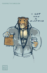  2015 abs anthro benji_(mainlion) beverage clothing clouded_leopard coffee countershading dialogue ear_piercing english_text felid food front_view green_eyes hoodie looking_at_viewer male mammal muffin muscular muscular_anthro muscular_male one_eye_closed pantherine pecs piercing purrcules_(artist) solo talking_to_viewer text topwear wink 