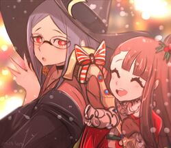  2girls artist_name blue_hair blurry blurry_background bow brown_hair choker christmas christmas_present closed_eyes commentary crescent crescent_pin decorations english_commentary gift glasses hair_ornament hat hat_ornament kagari_atsuko little_witch_academia long_hair mittens multiple_girls omiza_somi open_mouth red_eyes santa_costume shiny_rod_(little_witch_academia) signature smile snow snowflakes striped striped_bow upper_body ursula_charistes wand wide_sleeves witch witch_hat 