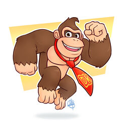  1:1 anthro ape barefoot biped brown_body brown_eyes brown_fur donkey_kong_(character) donkey_kong_(series) feet fur haplorhine hi_res luigil male mammal muscular muscular_anthro muscular_male necktie nintendo pecs primate signature simple_background solo text_on_necktie 