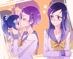  blue_eyes blue_hair blue_sailor_collar blush character_doll closed_eyes cure_diamond dokidoki!_precure hair_ornament hairclip hishikawa_rikka kenzaki_makoto kissing long_hair multiple_girls negom object_kiss oogai_daiichi_middle_school_uniform precure purple_hair sailor_collar school_uniform short_hair 