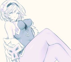  bare_shoulders between_breasts breasts commentary covered_navel covered_nipples crossed_legs djeeta_(granblue_fantasy) doctor_(granblue_fantasy) feet_out_of_frame female granblue_fantasy hairband koza_game lab_coat monochrome pantyhose protected_link shirt short_hair simple_background sleeveless sleeveless_shirt solo symbol-only_commentary white_background 