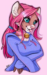  anthro bell blue_eyes breast_rest breasts closed_(disambiguation) clothed clothing collar digital_media_(artwork) domestic_cat eyebrows eyelashes fangs felid feline felis female hair hi_res hoodie mammal pink_hair pink_nose pink_tongue ponytail robyn_paperdoll shaded smile solo teeth tongue tongue_out topwear 