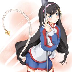  black_hair blue_eyes blush commentary_request demon_tail female hairband holding holding_polearm holding_weapon jacket lessar long_hair looking_at_viewer mechanical_tail pink_hairband polearm shin_(highest1192) skirt solo steel_glove tail toaru_majutsu_no_index track_jacket very_long_hair weapon 