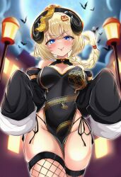  :p absurdres animal_ears bare_shoulders black_dress black_hat black_panties black_sleeves blonde_hair blue_eyes blurry blurry_background blush braid braided_ponytail breasts china_dress chinese_clothes cleavage_cutout closed_mouth clothing_cutout commentary_request cowboy_shot curled_horns detached_sleeves dragon_print dress female fishnet_thighhighs fishnets food-themed_hair_ornament groin hair_ornament hands_up hat highres hololive horns inokeiwd jiangshi_costume large_breasts long_hair long_sleeves looking_at_viewer moon night night_sky ofuda ofuda_on_head outdoors panties pelvic_curtain print_dress pumpkin_hair_ornament qingdai_guanmao sheep_ears sheep_girl sheep_horns short_dress side-tie_panties sidelocks skindentation sky sleeveless sleeveless_dress sleeves_past_fingers sleeves_past_wrists smile solo thighhighs thighs tongue tongue_out tsunomaki_watame underwear virtual_youtuber zipper_pull_tab 