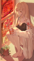  absurdres barefoot blonde_hair camisole chest_tattoo cup female genshin_impact hair_down highres holding holding_cup jacket knees_up long_hair long_sleeves plant potted_plant sazanami_(re_n_rentaro) shoulder_tattoo sitting solo spaghetti_strap strap_slip tattoo very_long_hair yellow_eyes yoimiya_(genshin_impact) 