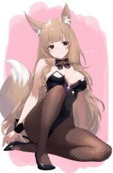  absurdres animal_ear_fluff animal_ears black_footwear black_leotard blunt_bangs breasts brown_hair brown_tail cleavage crossed_legs female fishnet_pantyhose fishnets fox_ears fox_girl fox_tail full_body green_eyes high_heels highleg highleg_leotard highres jungsungwoo leotard light_smile long_hair maho_(dream_park)_(princess_connect!) maho_(princess_connect!) medium_breasts pantyhose pink_background playboy_bunny princess_connect! signature sitting smile solo tail very_long_hair wrist_cuffs 