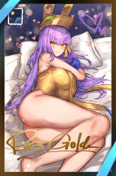  absurdres animal_ears animal_hat ass bare_shoulders bb_(fate) bed_sheet blush breasts fate/grand_order fate_(series) female gold_leotard gold_ribbon golden_bb_(fate) hair_ribbon hat heart highres large_breasts leotard long_hair looking_at_viewer lying on_side pillow purple_hair rabbit_ears rabbit_hat radishkek ribbon smile solo thighs yellow_eyes 