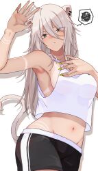  absurdres ahoge animal_ears blush breasts cleavage commentary_request drop_shadow ear_piercing female green_nails grey_eyes grey_hair hair_between_eyes highres hololive large_breasts lion_ears lion_girl lion_tail long_hair looking_at_self midriff minagokoro nail_polish no_bra piercing shishiro_botan shorts simple_background solo tail tan tank_top tanlines virtual_youtuber white_background 