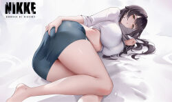  ass baige0 barefoot black_hair blue_skirt blush breasts commentary_request copyright_name female goddess_of_victory:_nikke large_breasts long_hair looking_at_viewer lying marciana_(nikke) marciana_(school_days)_(nikke) miniskirt official_alternate_costume on_side paid_reward_available parted_lips revision shirt skirt solo thighs white_background white_shirt yellow_eyes 