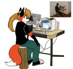  anthro artbyyellowdog biped bottomwear brown_hair canid canine clothed clothing computer computer_keyboard countershade_face countershade_fur countershading dipstick_tail electronics female fox fur hair hi_res linux mammal markings pants shirt sitting solo tail tail_markings topwear trans_(lore) trans_woman_(lore) xenia_(linux) 