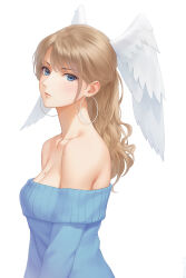  bare_shoulders blonde_hair blue_eyes blush breast_tattoo breasts cleavage earrings eunie_(xenoblade) female head_wings highres hoop_earrings jewelry long_hair looking_at_viewer medium_breasts miura-n315 off-shoulder_sweater off_shoulder solo sweater tattoo white_wings wings xenoblade_chronicles_(series) xenoblade_chronicles_3 