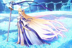  archetype_earth arcueid_brunestud bare_shoulders blonde_hair breasts dress fate/grand_order fate_(series) female field flower flower_field full_moon gloves hair_flower hair_ornament highres kamo_ashi large_breasts long_hair long_sleeves looking_at_viewer moon night night_sky red_eyes sky solo sword tsukihime very_long_hair weapon white_dress 