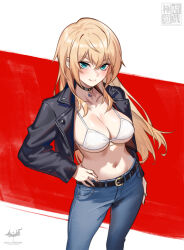  arm_at_side belt black_belt black_choker black_jacket blonde_hair blue_eyes blue_pants blush bra breasts chinese_commentary choker closed_mouth commentary_request contrapposto crescent denim feet_out_of_frame female floating_hair hair_between_eyes hand_on_own_hip highres jacket jeans large_breasts leather leather_jacket long_hair looking_at_viewer navel no_shirt open_clothes open_jacket original pants pendant_choker red_background smile standing two-tone_background underboob underwear very_long_hair white_background white_bra wolksheep 