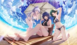  3girls :d arm_up barefoot beach beach_chair beach_umbrella bikini black_bikini blue_eyes blue_hair blunt_bangs bow braid breasts brown_eyes cinderella_series cleavage cloud cumulonimbus_cloud dark_blue_hair eyes_visible_through_hair fisheye full_body game_cg green_hair hachigatsu_no_cinderella_nine hair_down hair_ornament hair_over_one_eye hair_scrunchie hairbow hairclip halterneck hand_on_own_head hand_on_own_knee hand_on_own_leg high_ponytail highres kneeling kusakari_rena light_rays long_hair looking_at_viewer multiple_girls navel noguchi_shinobu non-web_source ocean official_alternate_hairstyle official_art one_eye_covered open_mouth outdoors print_bikini purple_bow red_scrunchie sagara_yoshino scrunchie side-tie_bikini_bottom sitting sky smile standing string_bikini sunbeam sunlight swimsuit teeth umbrella upper_teeth_only white_hair wooden_chair 