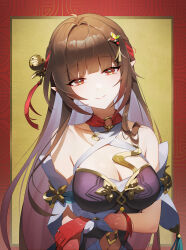  absurdres arm_under_breasts bare_shoulders black_dress breasts brown_hair cleavage closed_mouth colored_extremities commentary covered_navel criss-cross_halter detached_sleeves dress female hair_ornament halterneck highres holding_own_arm honkai:_star_rail honkai_(series) large_breasts light_blush lingsha_(honkai:_star_rail) long_hair looking_at_viewer orange_eyes pointy_ears red_hands short_sleeves sidelocks smile solo upper_body very_long_hair white_sleeves yanjem 