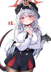  absurdres black_hat black_skirt blue_archive blush braid breasts chilong_(heronas) commentary_request female grey_hair halo haruna_(blue_archive) hat highres korean_commentary long_hair looking_at_viewer medium_breasts red_eyes red_halo shirt single_braid single_wing skirt solo tail white_shirt wings 