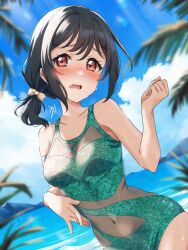  absurdres beach birthday blue_sky blush breasts clenched_hand cloud cloudy_sky collarbone commentary embarrassed female green_hair green_one-piece_swimsuit highres kyaku_tasu looking_at_viewer love_live! love_live!_nijigasaki_high_school_idol_club medium_hair mifune_shioriko oerba_yun_fang one-piece_swimsuit orange_eyes see-through_one-piece_swimsuit short_ponytail sidelocks signature sky small_breasts solo swimsuit 