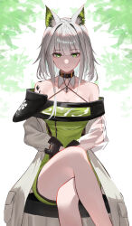  absurdres animal_ear_fluff animal_ears arknights bare_legs bare_shoulders black_choker breasts cat_ears cat_girl choker cleavage closed_mouth coat crossed_legs dress female green_dress green_eyes green_hair highres kal&#039;tsit_(arknights) lab_coat looking_at_viewer material_growth medium_breasts off-shoulder_dress off_shoulder on_chair oripathy_lesion_(arknights) puranetto_(vjun4748) sitting solo white_coat white_dress 