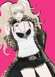  animal_print belt black_belt black_bra blonde_hair blue_eyes bra breasts coat danganronpa:_trigger_happy_havoc danganronpa_(series) enoshima_junko female grin highres holding holding_removed_eyewear jewelry large_breasts leopard_print lily_(miruna027) long_hair necklace red_background red_nails short_shorts shorts simple_background smile solo sunglasses trench_coat twintails underwear unworn_eyewear upper_body 