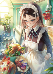  apron black_dress black_hair blue_bow blue_eyes blush bow breasts cake chair chicken_(food) dining_room dress female flower food glasses highres holding holding_tray indoors large_breasts long_hair long_sleeves looking_down macaron maid maid_headdress myoushun original solo tray white_apron 