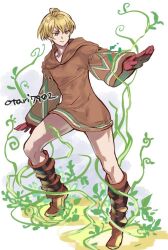  1boy blonde_hair brown_footwear brown_sweater crossdressing final_fantasy final_fantasy_tactics full_body geomancer_(fft) gloves indesign plant ramza_beoulve red_gloves solo sweater twitter_username vines white_background yellow_eyes 