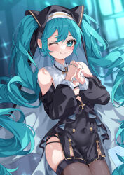  absurdres aqua_eyes aqua_hair aqua_necktie black_dress black_panties black_thighhighs black_veil blurry blurry_background blush breasts cleavage_cutout clothing_cutout covered_navel cross detached_collar detached_sleeves dress female habit hatsune_miku highres hua-huahua long_hair long_sleeves looking_at_viewer medium_breasts necktie nun one_eye_closed own_hands_together panties pelvic_curtain revealing_clothes short_dress side_slit solo thighhighs twintails underwear veil very_long_hair vocaloid 