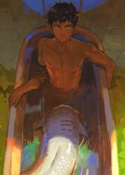  1boy absurdres black_hair blue_eyes curly_hair dark-skinned_male dark_skin dungeon_meshi feet_out_of_frame fins frown highres in_bathtub indoors kabru looking_at_viewer male_focus merman monster_boy monsterification neruchiru_08 nipples partially_submerged short_hair solo tile_wall tiles water wet 