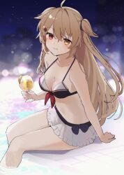  bikini black_bikini breasts brown_eyes brown_hair cleavage cup female hair_flaps hair_ornament hair_ribbon hairclip heterochromia kantai_collection light_brown_hair long_hair medium_breasts murasame_(kancolle) murasame_(swimsuit)_(kancolle) murasame_kai_ni_(kancolle) navel night outdoors pool red_eyes ribbon sailor_bikini sailor_collar smile swimsuit tropical_drink two_side_up yamashichi_(mtseven) 