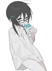  absurdres black-framed_eyewear black_eyes black_hair collared_shirt commentary_request cowboy_shot dress_shirt drink drinking drinking_straw expressionless female glasses hair_between_eyes highres holding holding_drink holding_milk_carton light_blush long_hair long_sleeves looking_at_viewer milk_carton myomuron naked_shirt no_sclera original partially_unbuttoned shirt sideways_glance simple_background solo white_background white_shirt 