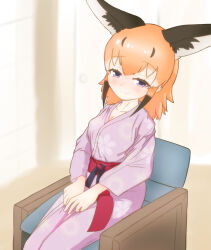  absurdres animal_ears blue_eyes blush breasts caracal_(kemono_friends) cat_ears cat_girl chair cleavage extra_ears female highres indoors japanese_clothes kemono_friends kimono long_hair looking_at_viewer multicolored_hair nokemono-san_(bocchi_friend) orange_hair purple_kimono sitting solo two-tone_hair yukata 