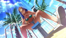  barbell beach bikini bikini_under_clothes blonde_hair blue_shorts blurry breasts brown_eyes cinderella_series cleavage closed_mouth cloud depth_of_field dutch_angle female film_grain foot_out_of_frame frida_fernandez_amber from_below game_cg green_bikini hachigatsu_no_cinderella_nine halterneck highres light_particles light_rays long_hair looking_ahead navel non-web_source official_art outdoors palm_tree sandals shaded_face shorts sitting sky solo string_bikini sunbeam sunlight sweat swimsuit tattoo towel towel_on_head tree white_footwear 