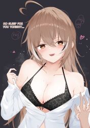  1other :d absurdres ahoge black_bra black_hair blush bra breasts brown_eyes brown_hair cleavage collarbone collared_shirt commentary crossed_bangs double-parted_bangs english_commentary english_text female hair_between_eyes hair_in_own_mouth halterneck heart heart-shaped_pupils heart_ahoge highres holding_hands hololive hololive_english lace-trimmed_bra lace_trim large_breasts long_hair multicolored_hair nanashi_mumei narukahana partially_unbuttoned pov shirt smile streaked_hair symbol-shaped_pupils underwear virtual_youtuber white_hair white_shirt 