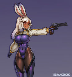  absurdres aiming animal_ears breasts brown_pantyhose chance8000 closed_mouth commentary commission cowboy_shot dark-skinned_female dark_skin english_commentary female gloves gun handgun highres holding holding_gun holding_weapon impossible_clothes impossible_leotard large_breasts leotard long_hair long_sleeves original pantyhose purple_background purple_gloves purple_leotard rabbit_ears rabbit_girl red_eyes shrug_(clothing) smile solo weapon white_hair white_shrug 