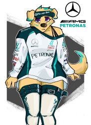  absurd_res anthro belt bird_dog blue_highlights bodypaint brown_body brown_fur canid canine canis carrus clothing domestic_dog epson eye_bags eyeshadow face_paint female floppy_ears fur golden_retriever hat headgear headwear hi_res highlights_(coloring) hunting_dog legband legwear lewis_hamilton looking_at_viewer makeup mammal mercedes-benz off-shoulder_top oversized_clothing petronas purple_eyes retriever sitting solo spiked_legband spiked_thigh_highs spiked_thighband spikes thigh_highs thighband tommy_hilfiger translucent translucent_clothing visor_cap yellow_body yellow_fur 
